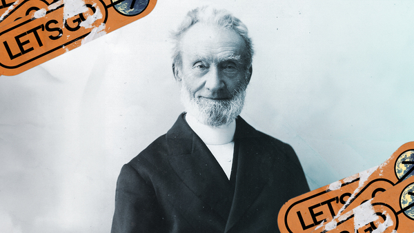 A faded picture of George Müller smiling humbly